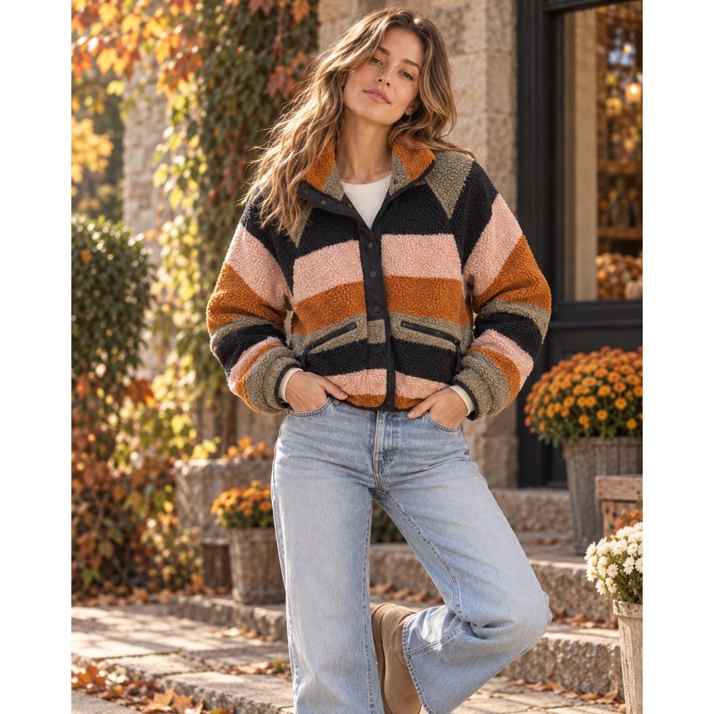 Free People FP Movement Rocky Ridge Fleece Jacket Striped Floral XS Multi Color